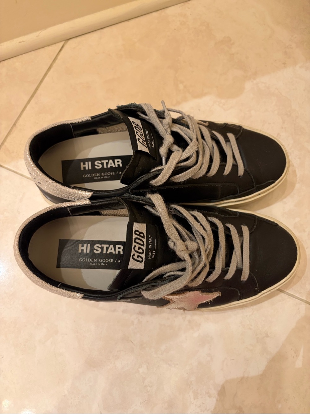 Golden Goose hi star Black Leather platform Sneaker silver Star and Silver Heel - Picture 3 of 7